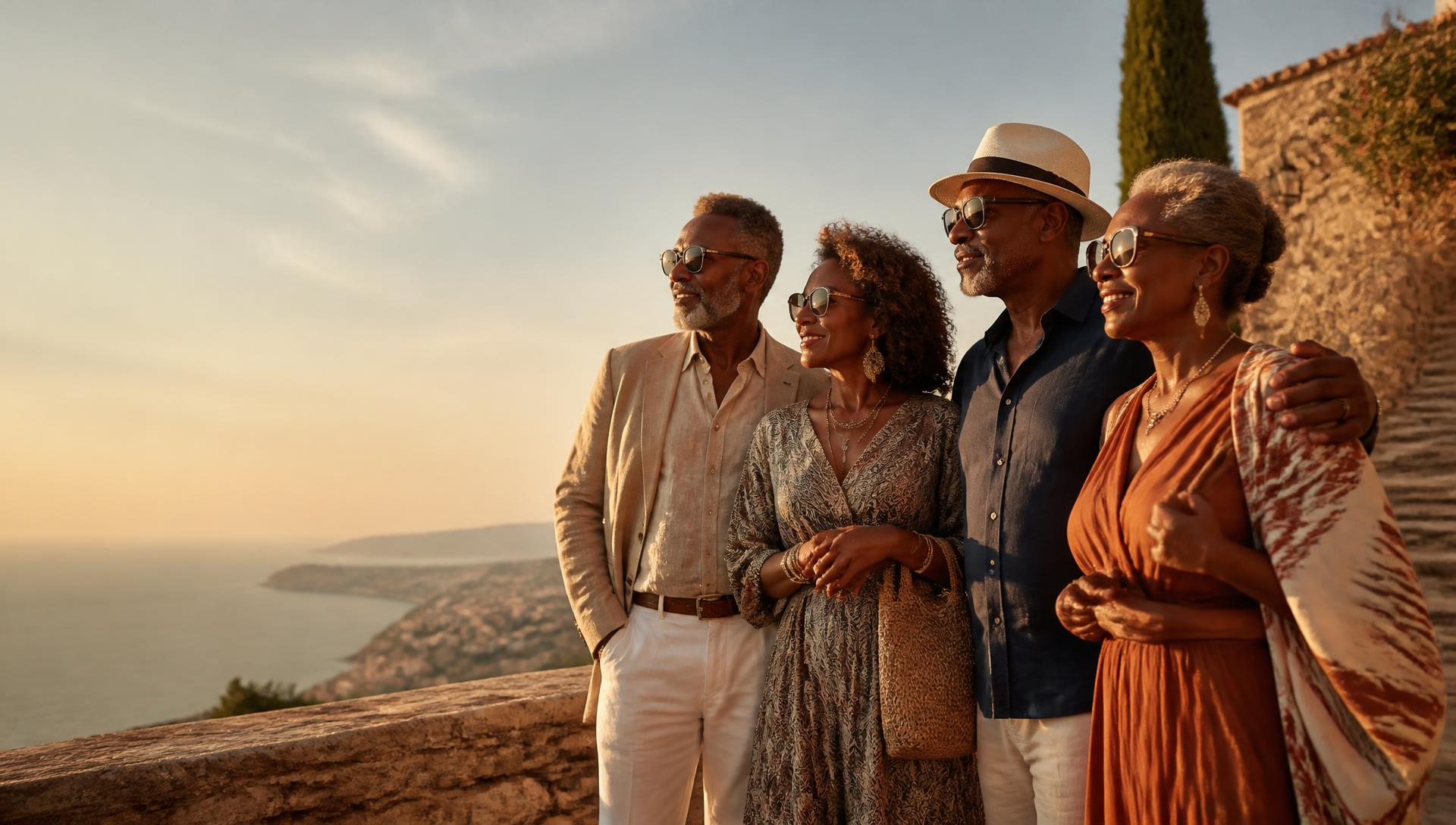 Travelers together on a terrace overlooking the coast at golden hour